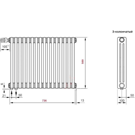 Радиатор Zehnder Charleston Completto 3050 760х500 мм (16 секций) нижнее подключение фото 4