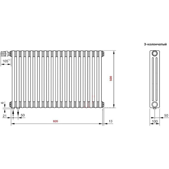 Радиатор Zehnder Charleston Completto 3050 940х500 мм (20 секций) нижнее подключение фото 4