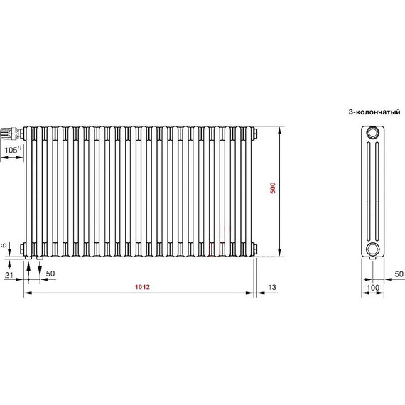 Радиатор Zehnder Charleston Completto 3050 1040х500 мм (22 секции) нижнее подключение фото 4