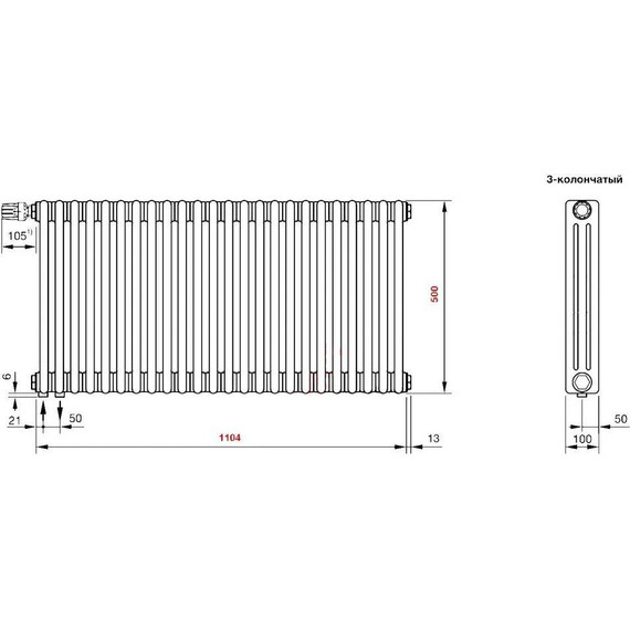 Радиатор Zehnder Charleston Completto 3050 1130х500 мм (24 секции) нижнее подключение фото 4