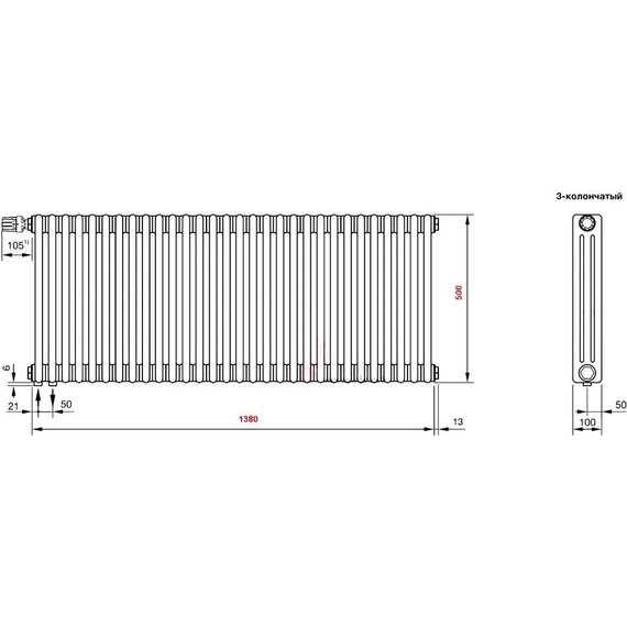 Радиатор Zehnder Charleston Completto 3050 1400х500 мм (30 секций) нижнее подключение фото 4