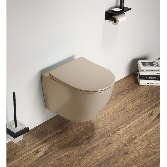 Унитаз подвесной CeramaLux Rimless 2197MC с крышкой микролифт, капучино матовый, Цвет производителя: коричневый фото 2