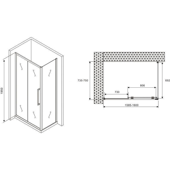 Душевое ограждение Abber Schwarzer Diamant 160x75 см AG30160MH-S75M, хром/матовое фото 5