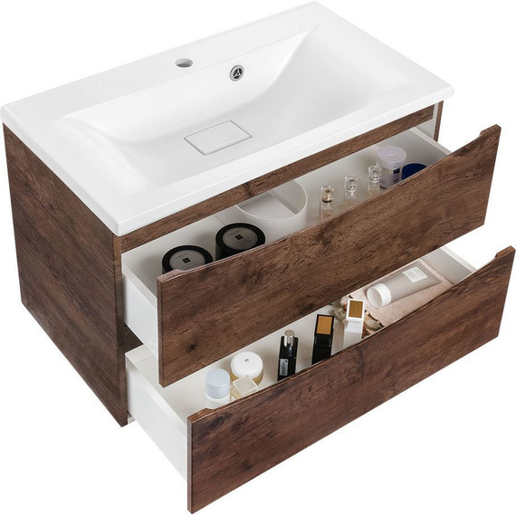 Тумба подвесная с раковиной Vincea Mia 75 см VMC-2MA750RW (раковина белая VCB-3M750W), тёмное дерево фото 3