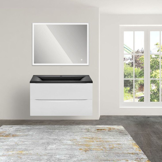 Тумба подвесная с раковиной Vincea Mia 90 см VMC-2MA900GW (раковина черная матовая VCB-3M900B), белый глянец фото 4