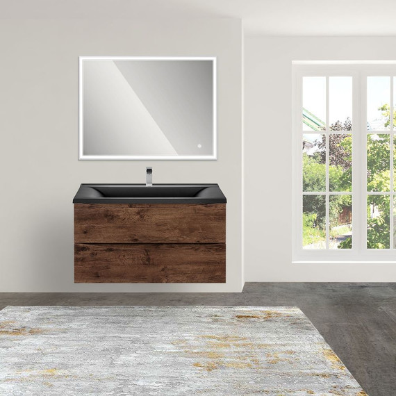 Тумба подвесная с раковиной Vincea Mia 90 см VMC-2MA900RW (раковина черная матовая VCB-3M900B), тёмное дерево фото 4