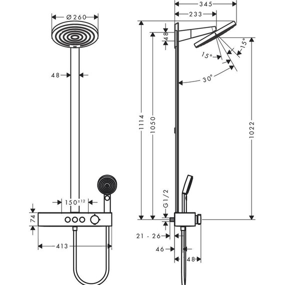 Душевая стойка с термостатом Hansgrohe Pulsify S Showerpipe 260 2jet 24240670, черный матовый - 5 Душевая стойка с термостатом Hansgrohe Pulsify S Showerpipe 260 2jet 24240670, черный матовый фото 5