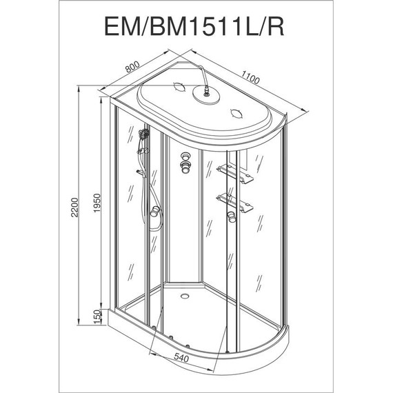 Гидробокс Deto EM1511RLed 110х80 см, хром/узор (безсиликоновая сборка) фото 10