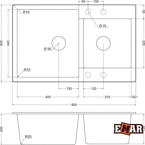 Кухонная мойка Emar EMQ-2800.Q, антрацит, Цвет производителя: антрацит фото 2