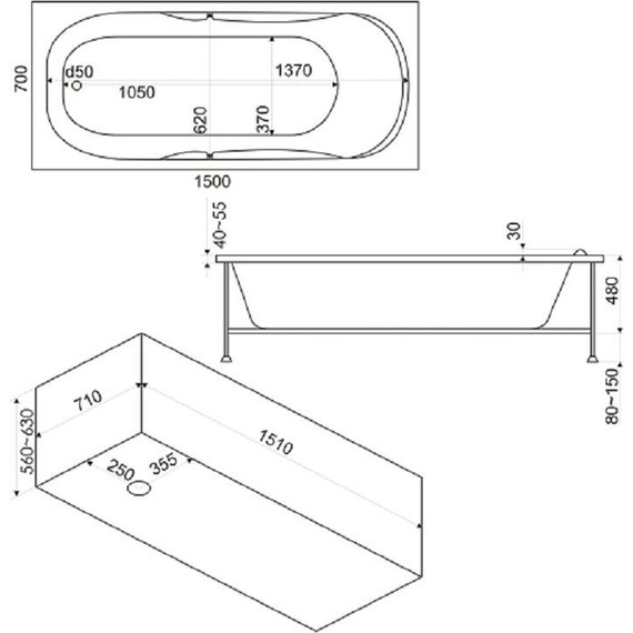 Ванна акриловая 150*70 Bas Ибица, Размер - мм: 1500х700 фото 6