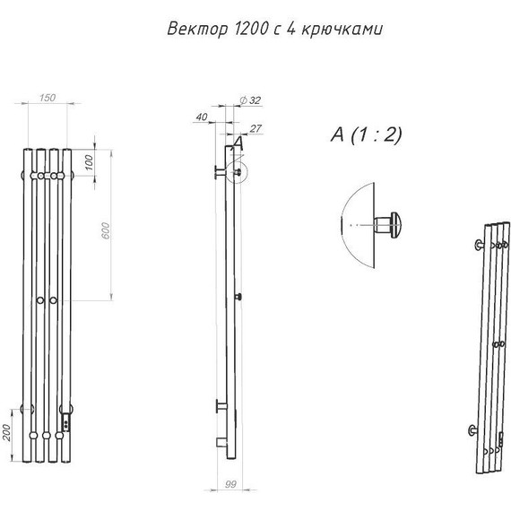 Полотенцесушитель электрический Тругор Пэк сп Вектор П4 150х1200 мм (возможность скрытого подключения) 00-00043621, белый фото 3