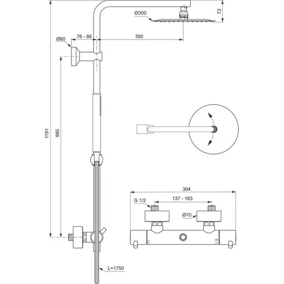 Душевая стойка с термостатом Ideal Standard Ceratherm T125 A7589AA - 2 Душевая стойка с термостатом Ideal Standard Ceratherm T125 A7589AA фото 2