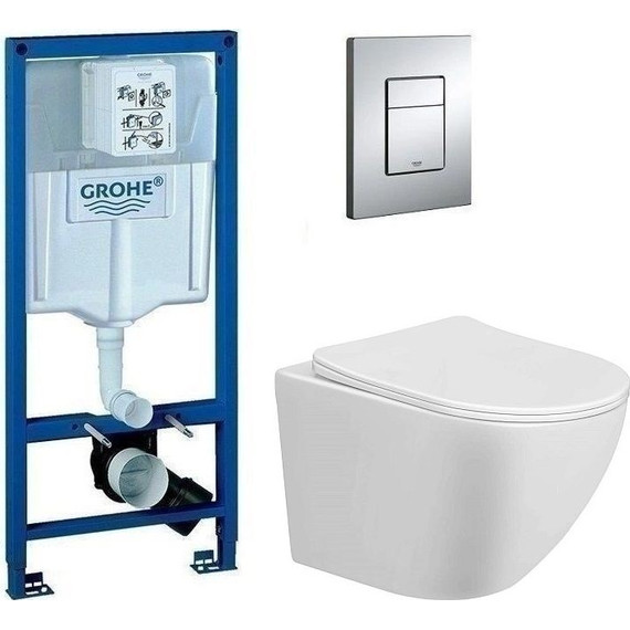 Инсталляция с подвесным унитазом комплект: Grohe Rapid SL 38772001 с подвесным безободковым унитазом Taliente Amato AM25010 сиденье микролифт, крепление, кнопка смыва хром фото 