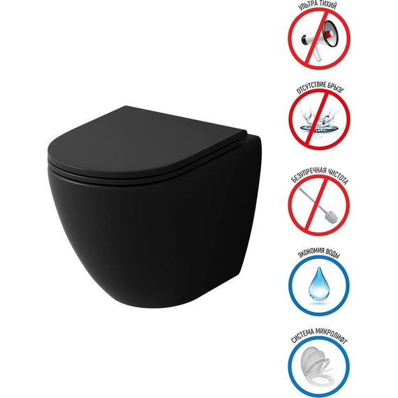 Унитаз подвесной безободковый Grossman GR-4455BMSQ с тонкой крышкой микролифт (система смыва Торнадо) чёрный матовый фото 9
