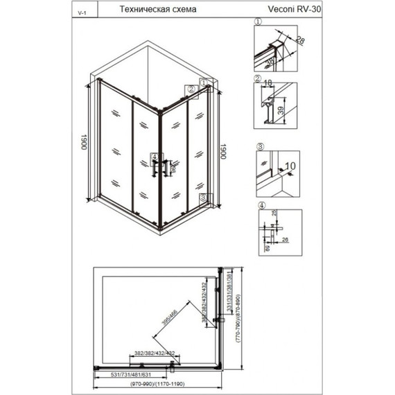 Душевое ограждение Veconi Rovigo 100x80 см RV30B-10080-01-C3, чёрный/прозрачное фото 3