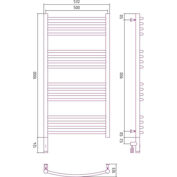 Полотенцесушитель электрический Сунержа Богема 3.0 П16 1000x500 мм (выгнутая перемычка) 020-5802-1050 L, шампань фото 5