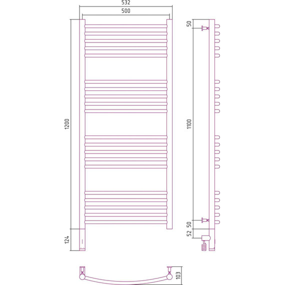 Полотенцесушитель электрический Сунержа Богема 3.0 П20 1200x500 мм (выгнутая перемычка) 30-5802-1250 L, белый матовый фото 5