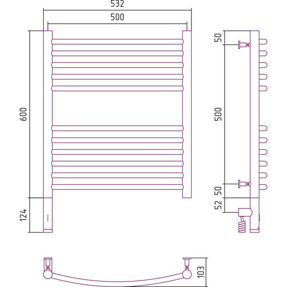 Полотенцесушитель электрический Сунержа Богема 3.0 П11 600x500 мм (выгнутая перемычка) 30-5802-6050 L, белый матовый фото 5