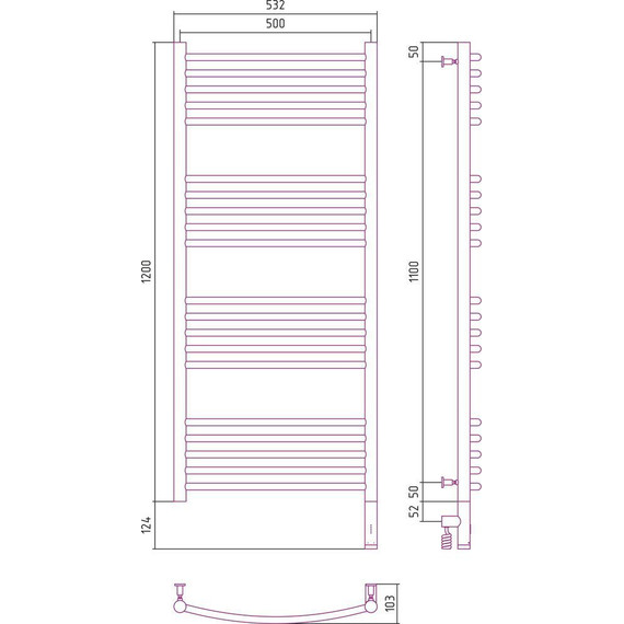 Полотенцесушитель электрический Сунержа Богема 3.0 П20 1200x500 мм (выгнутая перемычка) 30-5803-1250 R, белый матовый фото 5