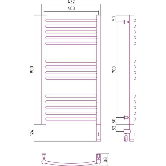Полотенцесушитель электрический Сунержа Богема 3.0 П14 800x400 мм (выгнутая перемычка) 30-5803-8040 R, белый матовый фото 5