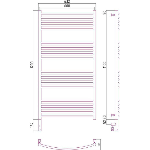 Полотенцесушитель электрический Сунержа Богема 3.0 П20 1200x600 мм (выгнутая перемычка) 12-5802-1260 L, белый фото 5