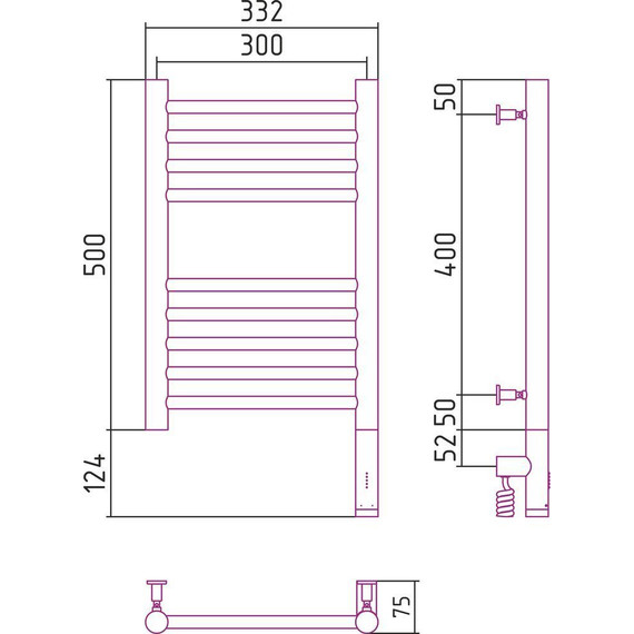 Полотенцесушитель электрический Сунержа Богема 3.0 П9 500x300 мм (прямая перемычка) 071-5805-5030 R, сатин фото 5