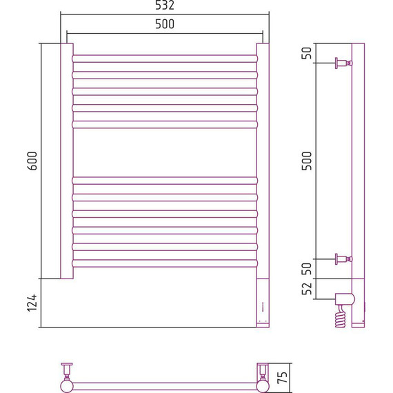 Полотенцесушитель электрический Сунержа Богема 3.0 П11 600x500 мм (прямая перемычка) 31-5805-6050 R, чёрный матовый фото 5
