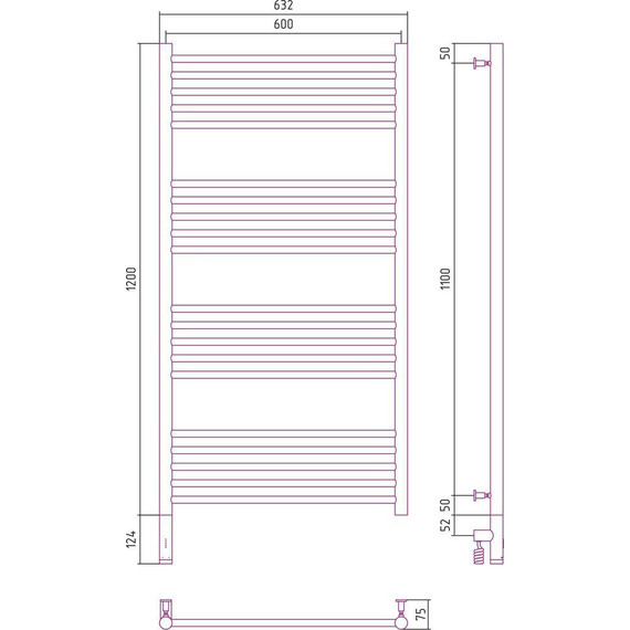 Полотенцесушитель электрический Сунержа Богема 3.0 П20 1200x600 мм (прямая перемычка) 31-5804-1260 L, чёрный матовый фото 5