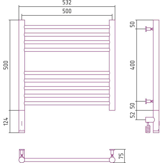 Полотенцесушитель электрический Сунержа Богема 3.0 П9 500x500 мм (прямая перемычка) 31-5804-5050 L, чёрный матовый фото 5