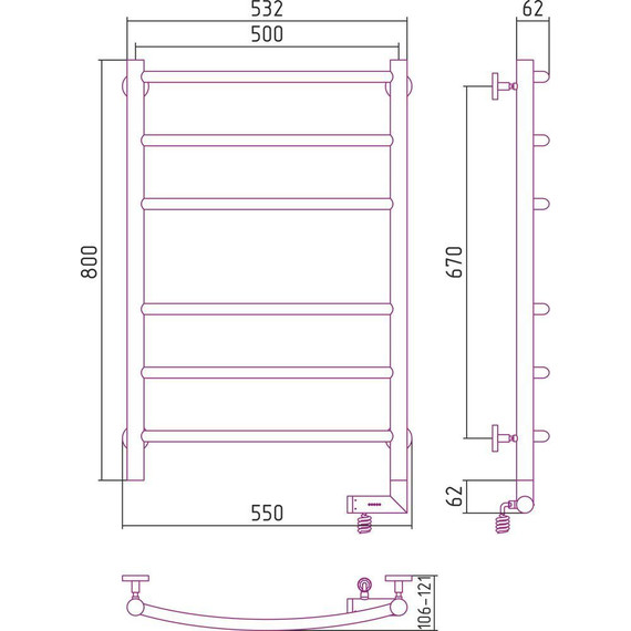 Полотенцесушитель электрический Сунержа Галант 2.0 П6 800x500 мм 31-5201-8050 R, чёрный матовый фото 5