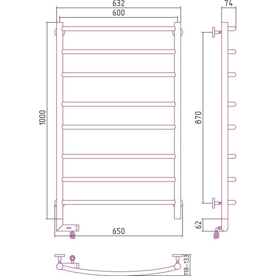 Полотенцесушитель электрический Сунержа Галант 2.0 П8 1000x600 мм 31-5200-1060 L, чёрный матовый фото 5