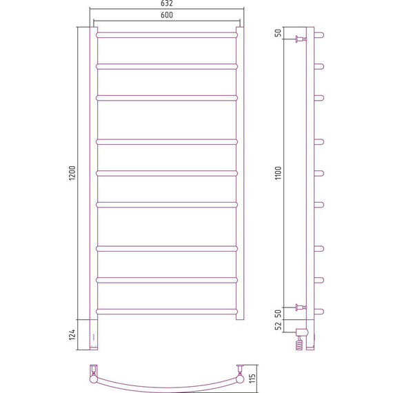 Полотенцесушитель электрический Сунержа Галант 3.0 П9 1200x600 мм 30-5800-1260 L, белый матовый фото 6