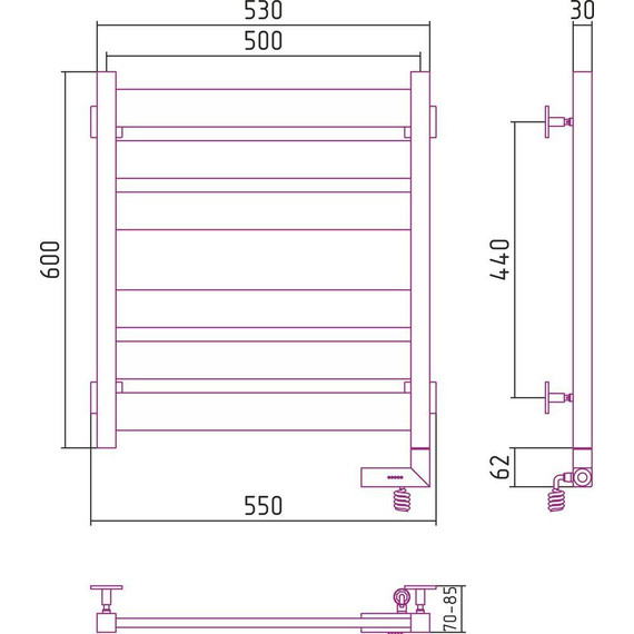 Полотенцесушитель электрический Сунержа Центурион 2.0 П6 600x500 мм 31-5603-6050 R, чёрный матовый фото 5
