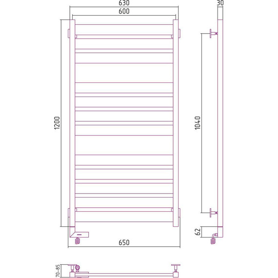 Полотенцесушитель электрический Сунержа Центурион 2.0 П12 1200х600 мм 31-5602-1260 L, чёрный матовый фото 5