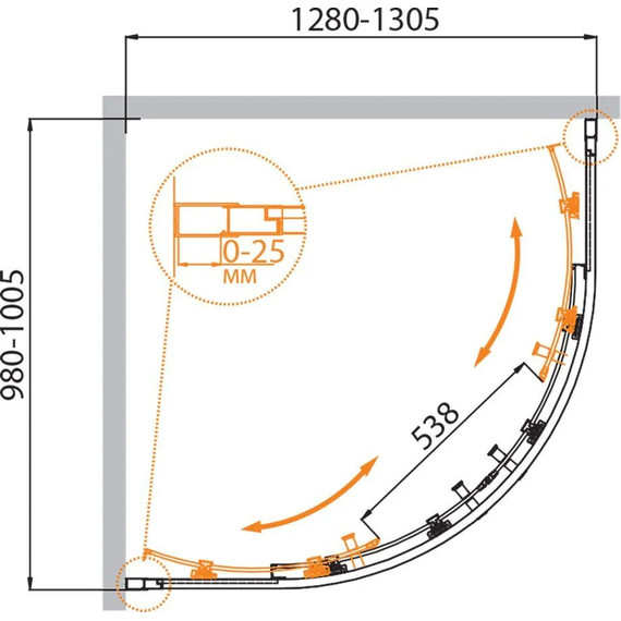 Душевое ограждение Cezares 130х100 см MOLVENO-RH-2-130/100-C-Cr-IV , хром/прозрачное - 6 Душевое ограждение Cezares 130х100 см MOLVENO-RH-2-130/100-C-Cr-IV , хром/прозрачное фото 6