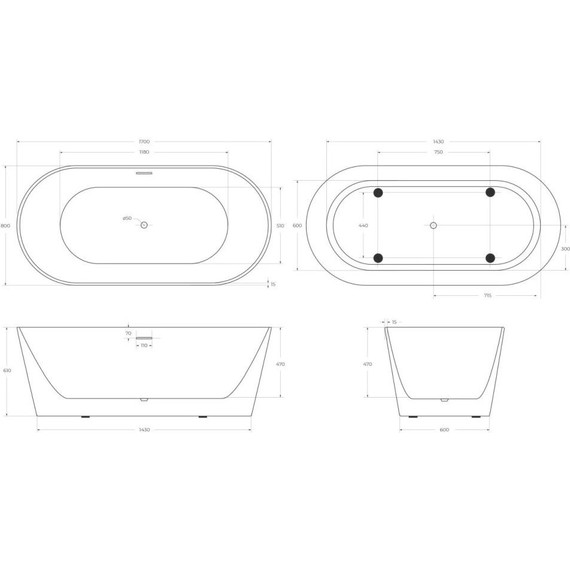 Ванна отдельностоящая BelBagno 170x80 см BB416-1700-800, Размер - мм: 1700х800 фото 6