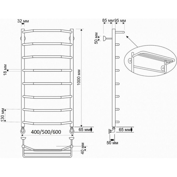 Полотенцесушитель водяной Secado Агата 3 с полкой П8 500x1000 мм, бронза фото 3