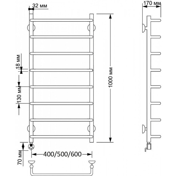 Полотенцесушитель электрический Secado Мерида 1 П8 500x1000 мм (возможность скрытого подключения) бронза фото 3