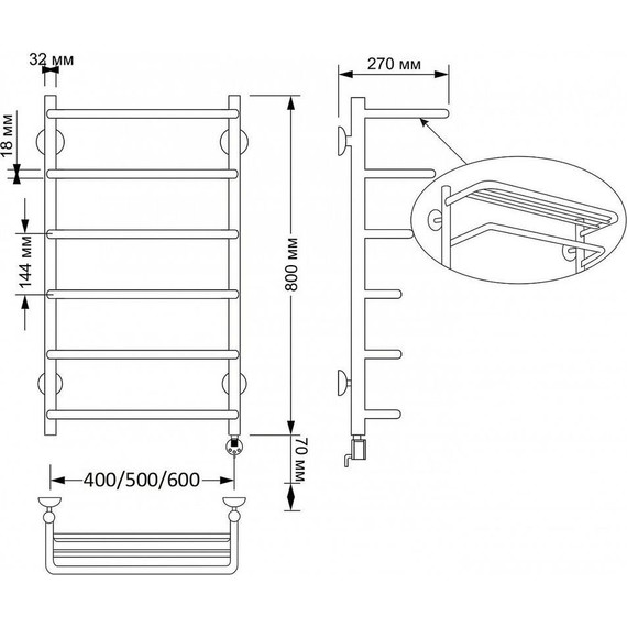 Полотенцесушитель электрический Secado Мерида 2 с полкой П6 500x800 мм (возможность скрытого подключения) бронза фото 4