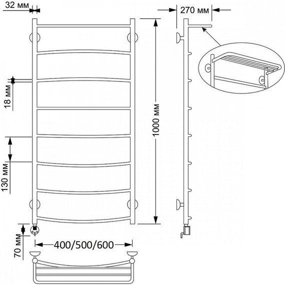 Полотенцесушитель электрический Secado Милан 4 с полкой П8 500x1000 мм (возможность скрытого подключения) бронза фото 3