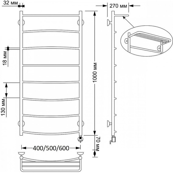 Полотенцесушитель электрический Secado Милан 4 с полкой П8 500x1000 мм (возможность скрытого подключения) бронза фото 4