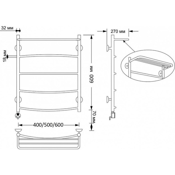 Полотенцесушитель электрический Secado Милан 4 с полкой П5 500x600 мм (возможность скрытого подключения) бронза фото 3