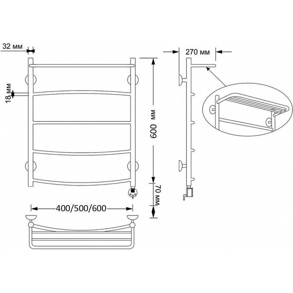 Полотенцесушитель электрический Secado Милан 4 с полкой П5 500x600 мм (возможность скрытого подключения) бронза фото 4