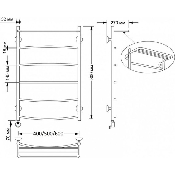 Полотенцесушитель электрический Secado Милан 4 с полкой П6 500x800 мм (возможность скрытого подключения) бронза - 3 Полотенцесушитель электрический Secado Милан 4 с полкой П6 500x800 мм (возможность скрытого подключения) бронза фото 3