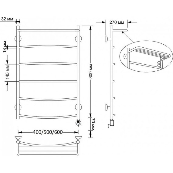 Полотенцесушитель электрический Secado Милан 4 с полкой П6 500x800 мм (возможность скрытого подключения) бронза - 4 Полотенцесушитель электрический Secado Милан 4 с полкой П6 500x800 мм (возможность скрытого подключения) бронза фото 4