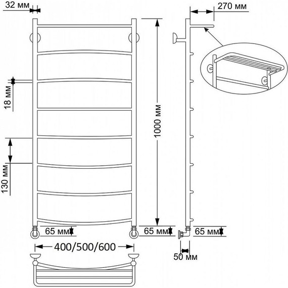 Полотенцесушитель водяной Secado Милан 4 с полкой П8 500x1000 мм, бронза фото 3