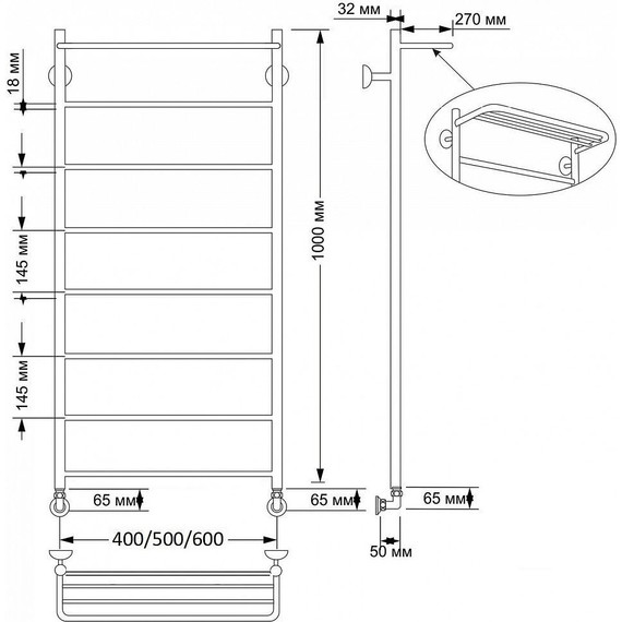 Полотенцесушитель водяной Secado Триада 4 с полкой П8 500x1000 мм, бронза фото 3