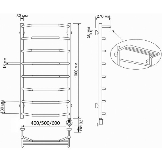 Полотенцесушитель электрический Secado Агата 3 с полкой П8 500x1000 мм (возможность скрытого подключения) бронза фото 4