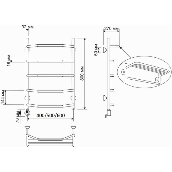 Полотенцесушитель электрический Secado Агата 3 с полкой П6 500x800 мм (возможность скрытого подключения) бронза фото 3