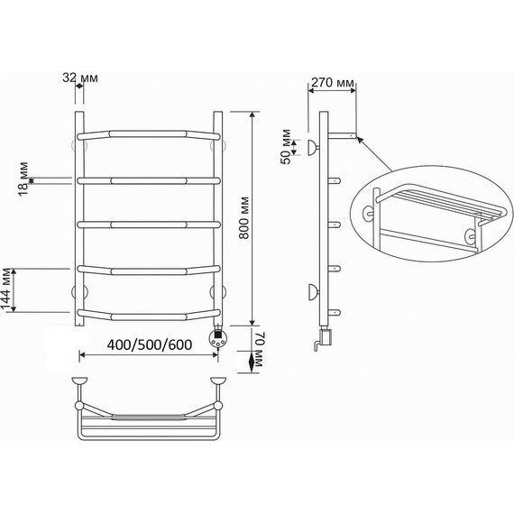 Полотенцесушитель электрический Secado Агата 3 с полкой П6 500x800 мм (возможность скрытого подключения) бронза фото 4